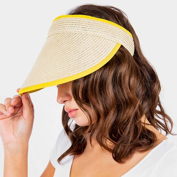 Yellow Trimmed Brim Straw Visor Womens Sun Hat Cap Cute Statement Accessory - Picture 1 of 3